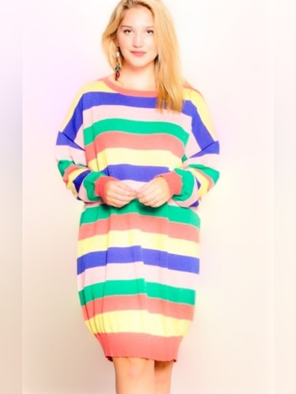 ODDY Rainbow Stripe Sweater Dress | Cozy Knit Statement Dress S–2X